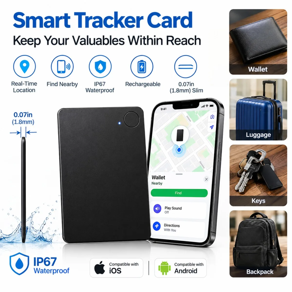 1pc Slim Wallet Tracker Card, Rechargeable Item Finder for iOS & Android, IP67 Waterproof Luggage Locator, 1.8mm