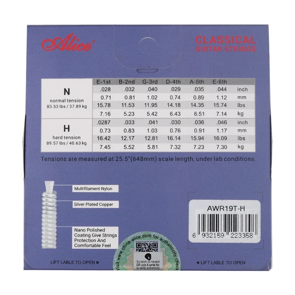 Alice-AWR19T Cordas de guitarra clássicas, tensão normal, cobre banhado a prata de nylon de titânio, duro, 028-044, 0287-046