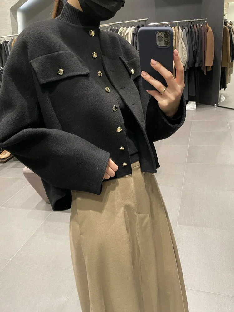 

Аутентичное зимнее шерстяное пальто с золотыми синими, прямое корейское женское пальто Faion Camere Blend Long Sve round Ne Coat