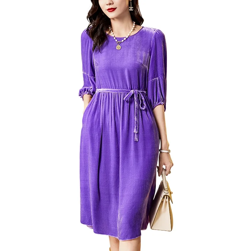 

Vintage Dresses for Women 2025 Autumn Winter Elegant Three Quarter Sleeve Women's A-line Dress Real Silk Velvet Long Dress Solid