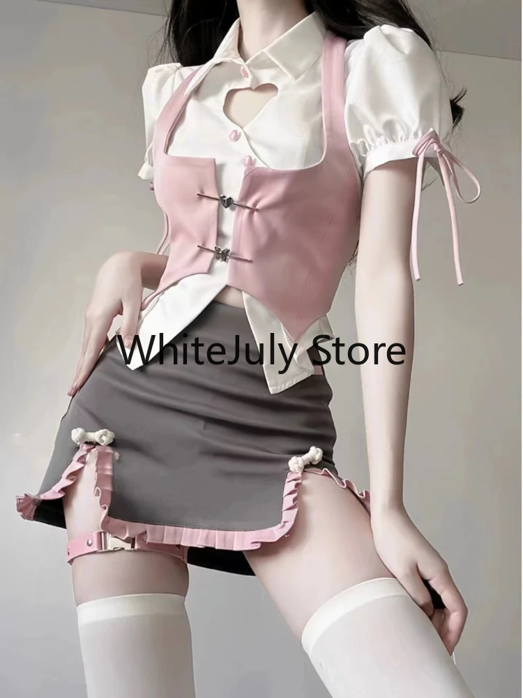 French Elegant Y2k Party Suits Style Female Puff Sleeve Blouse + Pink Vest + Mini Skirts 2023 Summer Korean Fashion Outfits