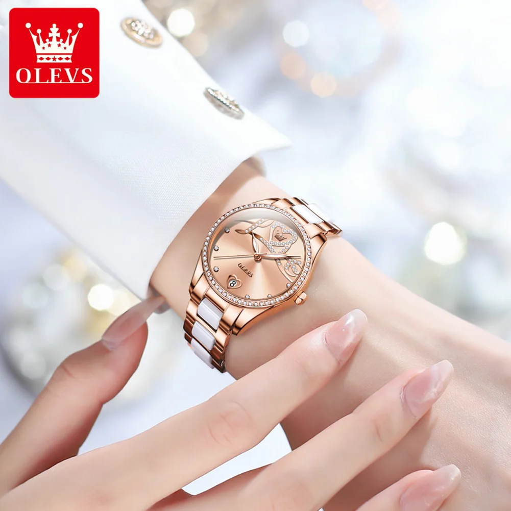 OLEVS Brand Luxury Ceramic Mechanical Watch for Women Waterproof Luminous Fashion Rose Gold Automatic Watches Women Montre Femme