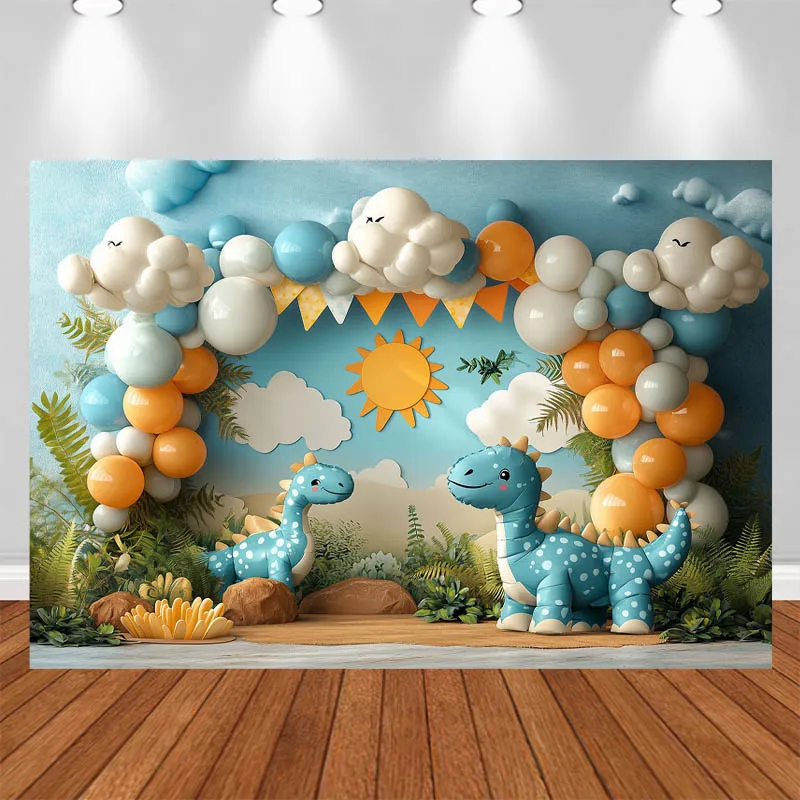 LS Photography Background Dinosaur Clouds Blue White Balloons Decor Birthday Cake Smash  Kids Portrait Photo Backdrop Studio