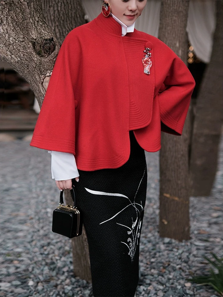 

00 Wool A-Line ort Coat Women's Cloak Sle Sweet Sle Pure Color One Button Long Sve Polyester Winter Coat