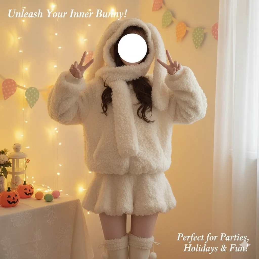 Winter Kawaii Fleece Outfit Women Lamb Wool Hoodie With Rabbit Ears High Waist Short Skirt Set Sweet Girl Japanese Style Look