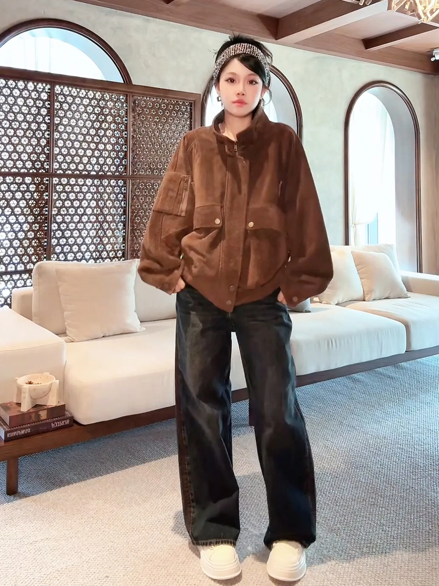 

Модные синие джинсы с высокой талией, застежкой-молнией и контрастной строчкой, широкие брюки из хлопка для женщин