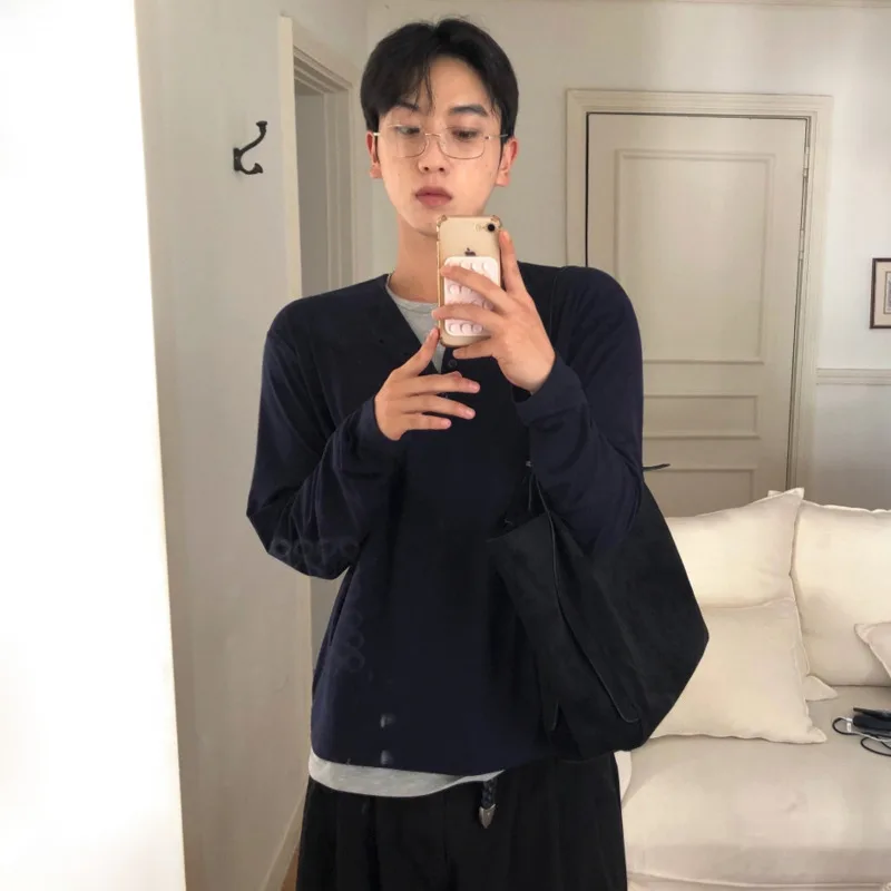 Autumn Layered Henley Collar Long Sleeve Shirts For Men Loose Fake Two Piece Soft Casual Navy Basic Pullover Tee HNG67