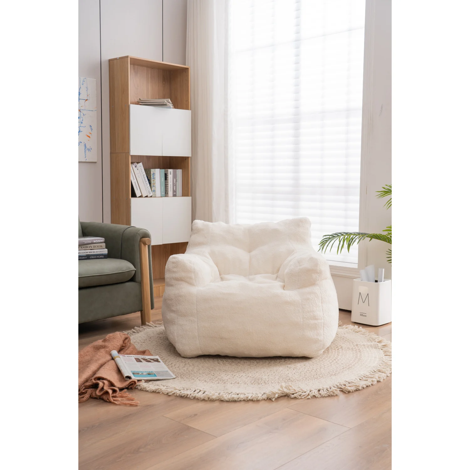 010-Soft Teddy Fabric Tufted Foam Bean Bag Chair With Teddy Fabric Ivory White