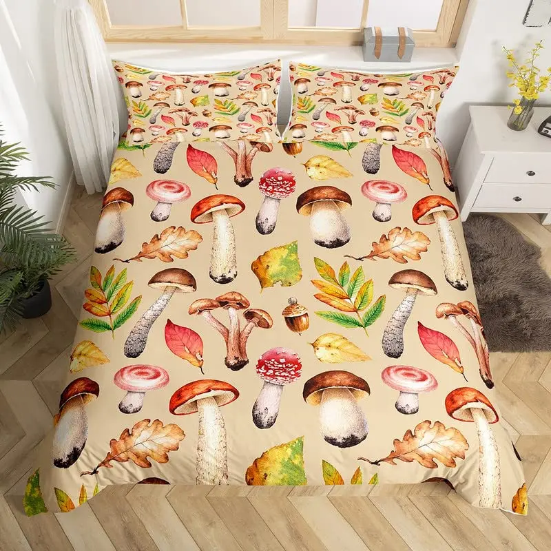 Mushroom Duvet Cover Watercolor Fungus Bedding Set Wild Botanical Comforter Cover Set Retro Leaf Pattern Polyester Quilt Cover