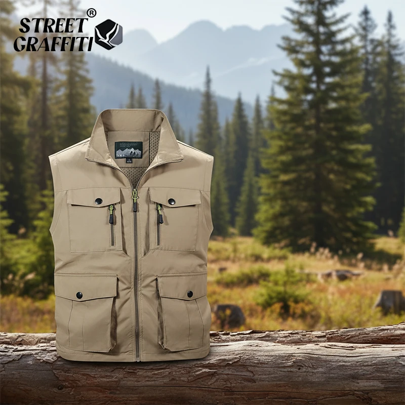Men's Waterproof Sleeveless Waistcoat Thin Vertical Collar Breathable Quality Jacket Multi-Pocket Vest for Fishing Photography