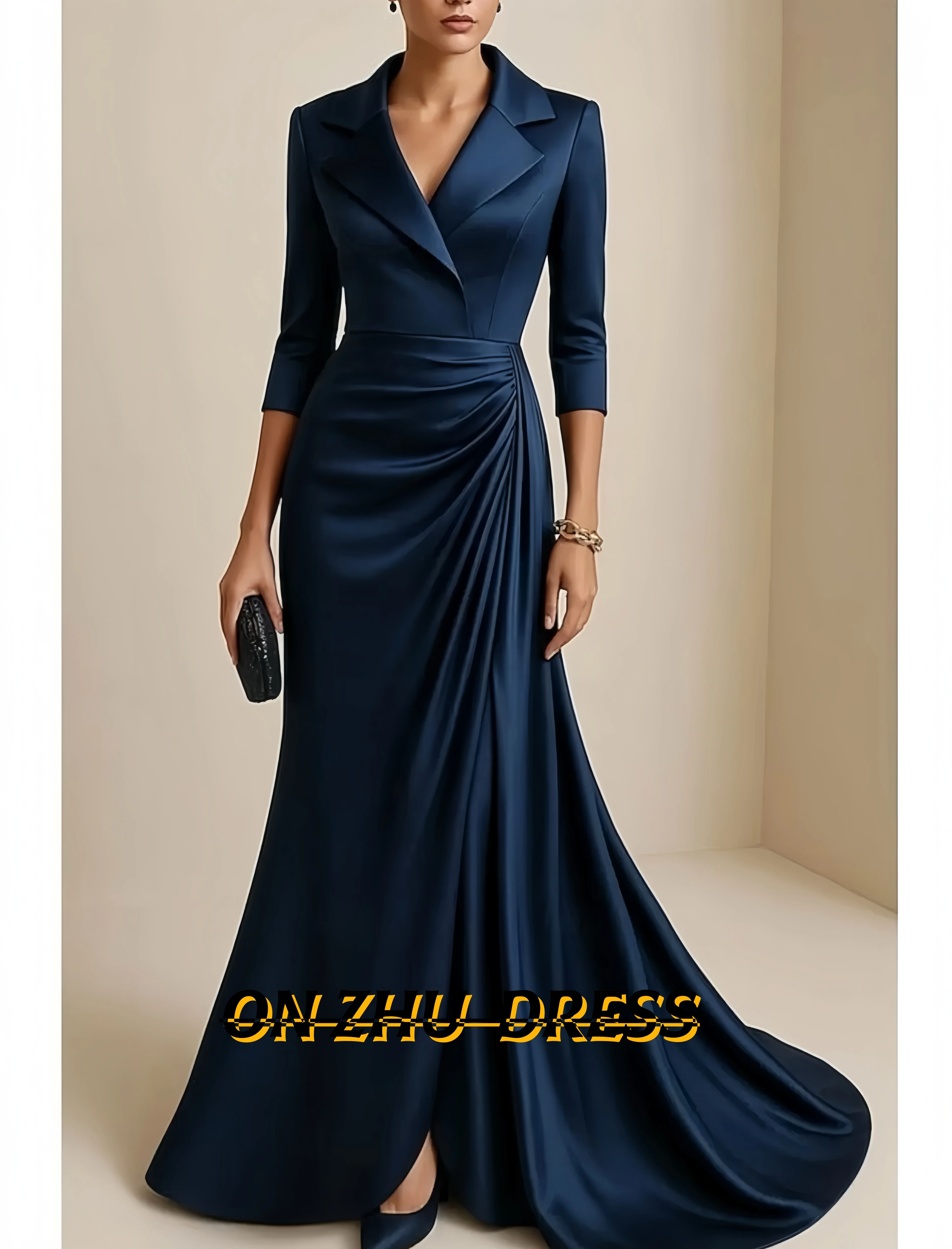 

Customized elegant dress with V-neck and long sleeves, satin fabric. Women's evening gowns, luxurious evening dresses, party dre