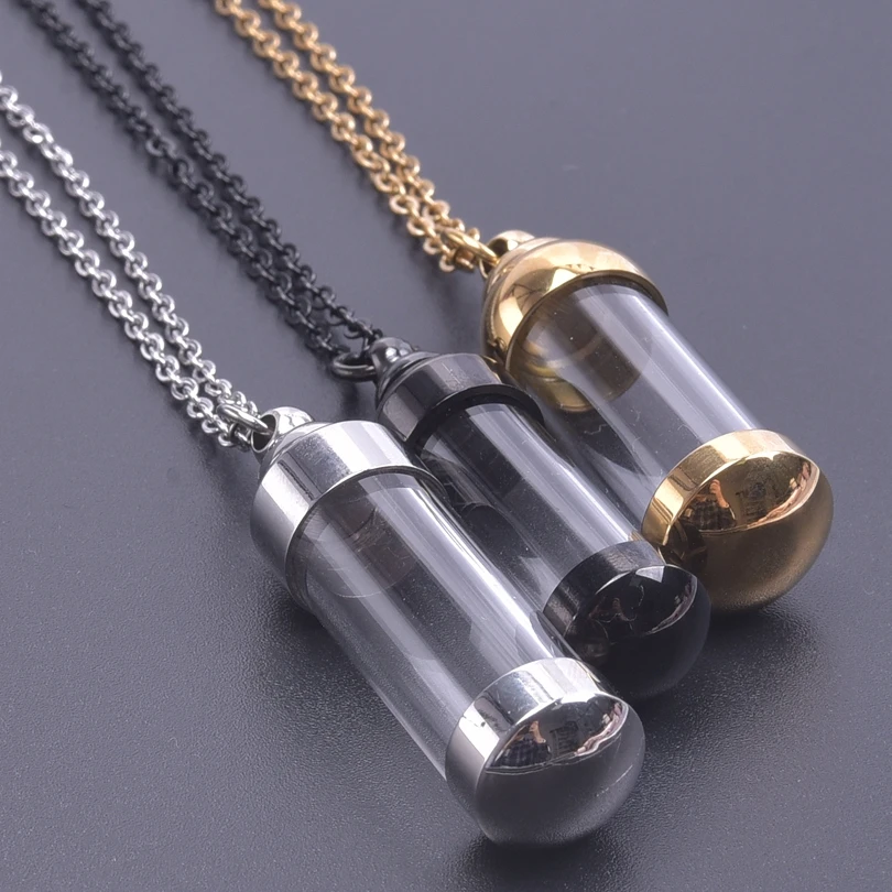 1Pc Glass Capsule  Urn Vial Open Cap For Ash NecKlaces Stainless Steel Lucky Wishing Bottle Perfume Jars Men Collares Jewelry