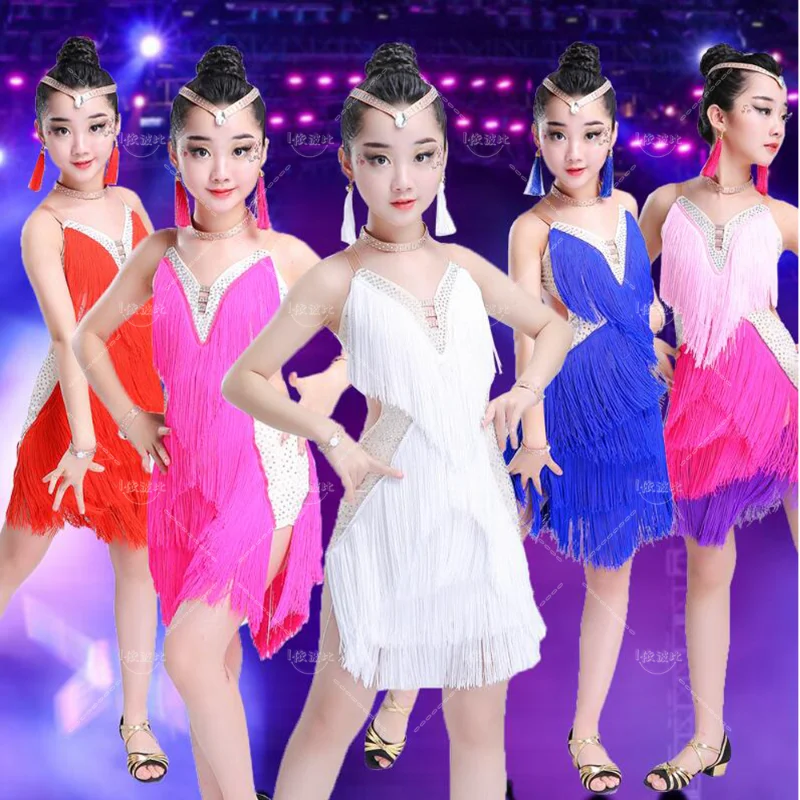 

Professional Children Sequined Latin Dance Costumes Ballroom Salsa Latin Dancing Dress Kids Tassels Stage Performance Dance Wear