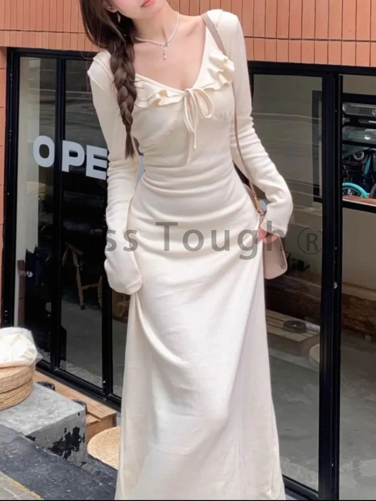 Autumn Korean Fashion Sweet Solid Dress Women V Neck Bow Elegant Slim Long Dress Female Sexy Design Sense Aesthetic Clothes 2024