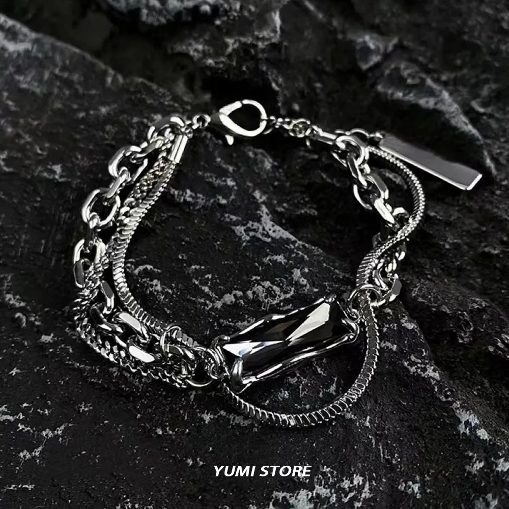 Trend Black Zircon Titanium Steel Bracelet For Men Women Korea Kpop Silver Color Geometric Splice Chain Bracelet Unisex Jewelry