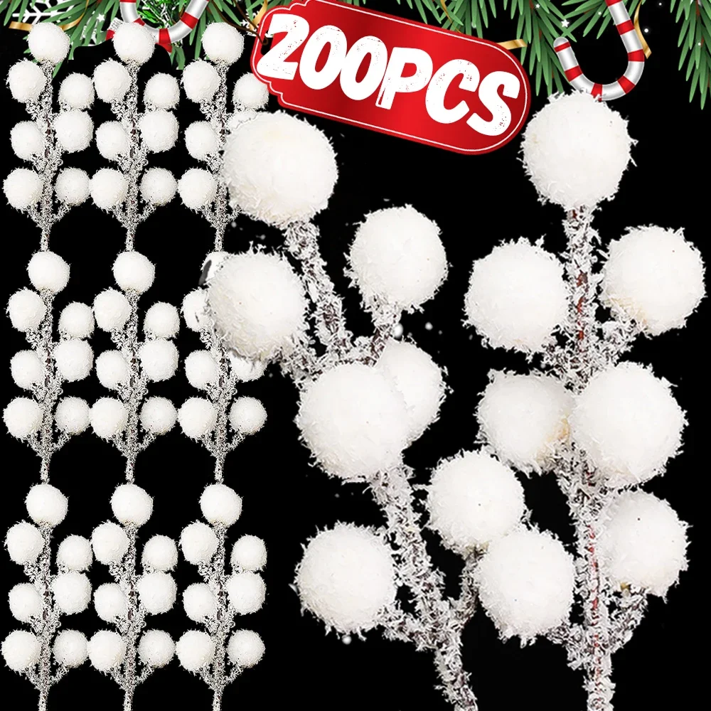 5/200pcs Artificial Snow Tipped Berry Branches Christmas Berries Flower Fake Plant White Holly Twig Stem Stamen Wreath Ornaments