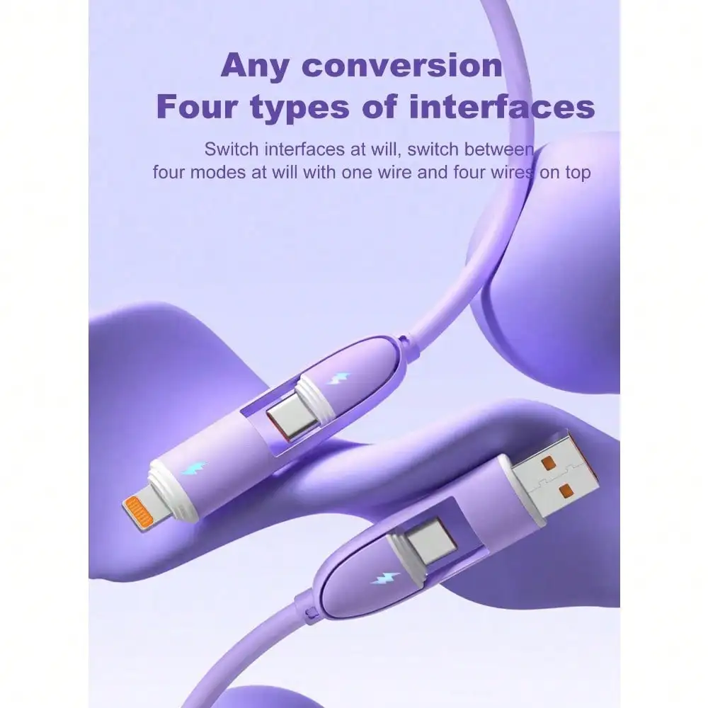 

Кабель для быстрой зарядки 4-в-1, 60 Вт/100 Вт (МАКС.)/27 Вт, силиконовый зарядный кабель Micro USB Type C, подходит для USB-порта смартфона