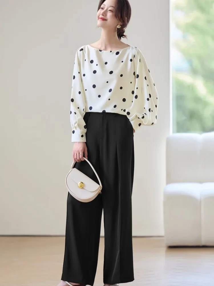 

SENTUBILA женский комплект брюк, элегантная шифоновая рубашка с круглым вырезом и принтом, свободные черные широкие брюки с высокой талией, комплект из двух предметов 151Z80318Z