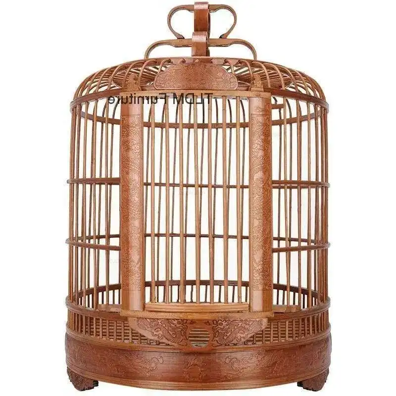 

Круглый портативный домик для попугаев для китайских птиц, аксессуары, роскошные резные клетки для птиц, бытовая ретро большая бамбуковая клетка для птиц GL