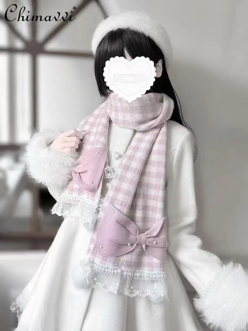 オリジナル和菓子ガールパールリボン毛玉スカーフ冬の新プリンセスレーススプライシングニット量産気質スカーフ