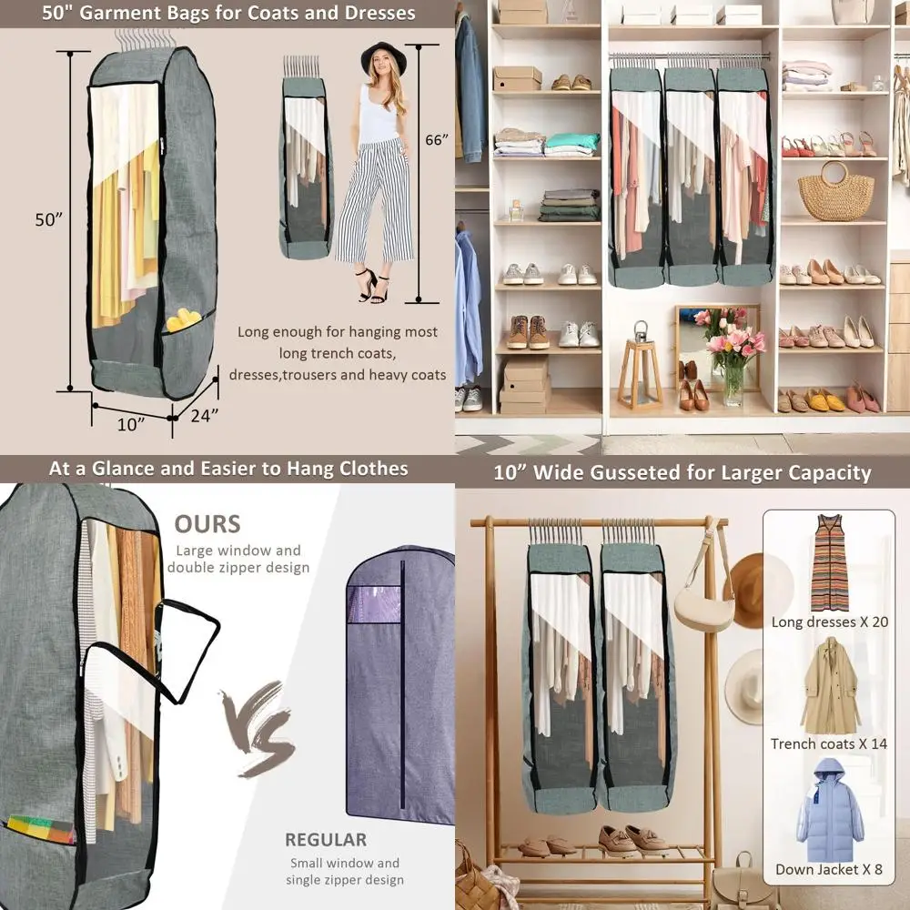 

Большие дышащие подвесные сумки для одежды, 10-гранные, серые, прозрачные чехлы для хранения платьев и свитеров с двойной молнией