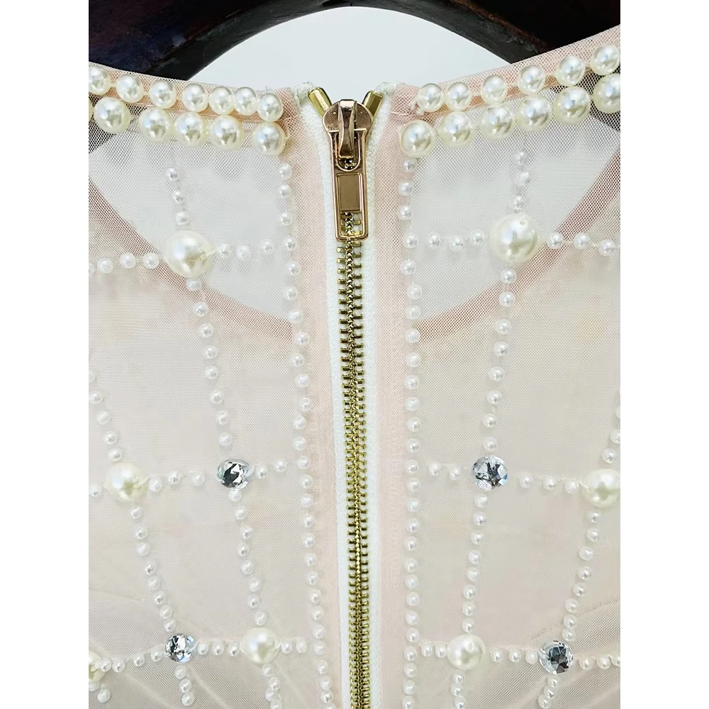 HIGH STREET Abiti da sera firmati più nuovi da donna Splendidi diamanti Perle Perline Paillettes Abito in garza a maniche lunghe Massaggio Грэйmavera』