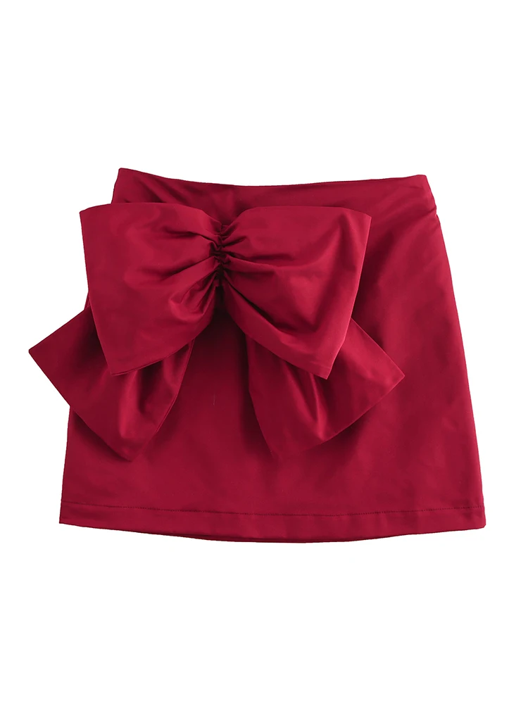 2024 New Autumn And Winter Women Red Bow Decoration Short Skirt Ladies Slim Fit High Waist Short Skirt