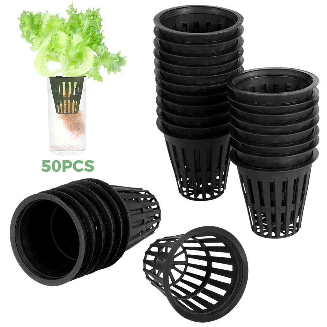 50Pcs Net Cups Plastic Hydroponics Cups Slotted Mesh Net Pots Wide Lip Planting Baskets For Aquaponics Hydroponics Gardens 2inch