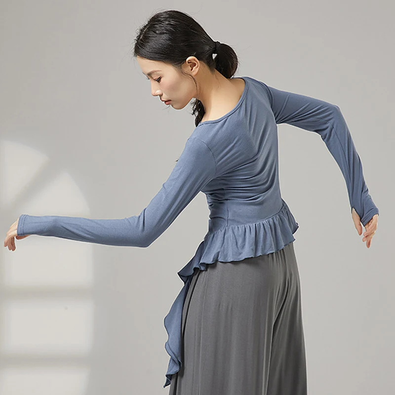 Women Classical Dance Practice T-Shirt Finger Long Sleeve Breathable Adult Falbala Modern Dance Costume Performance Clothes
