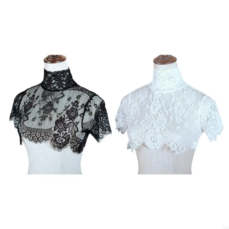 49MB Women Summer Detachable Fake Collar Half Shirt Blouse Sweet Crochet Sheer Eyelash Floral Lace Wedding Decorative Dickey