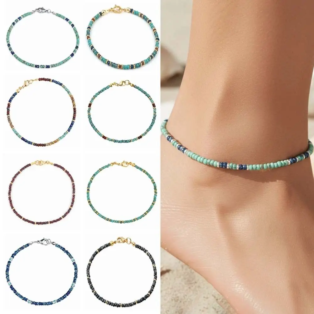 Handcrafted Quality Turquoise Beaded Anklet Hypoallergenic Metal Adjustable Boho Foot Jewelry Dainty Aesthetic Picasso Coating