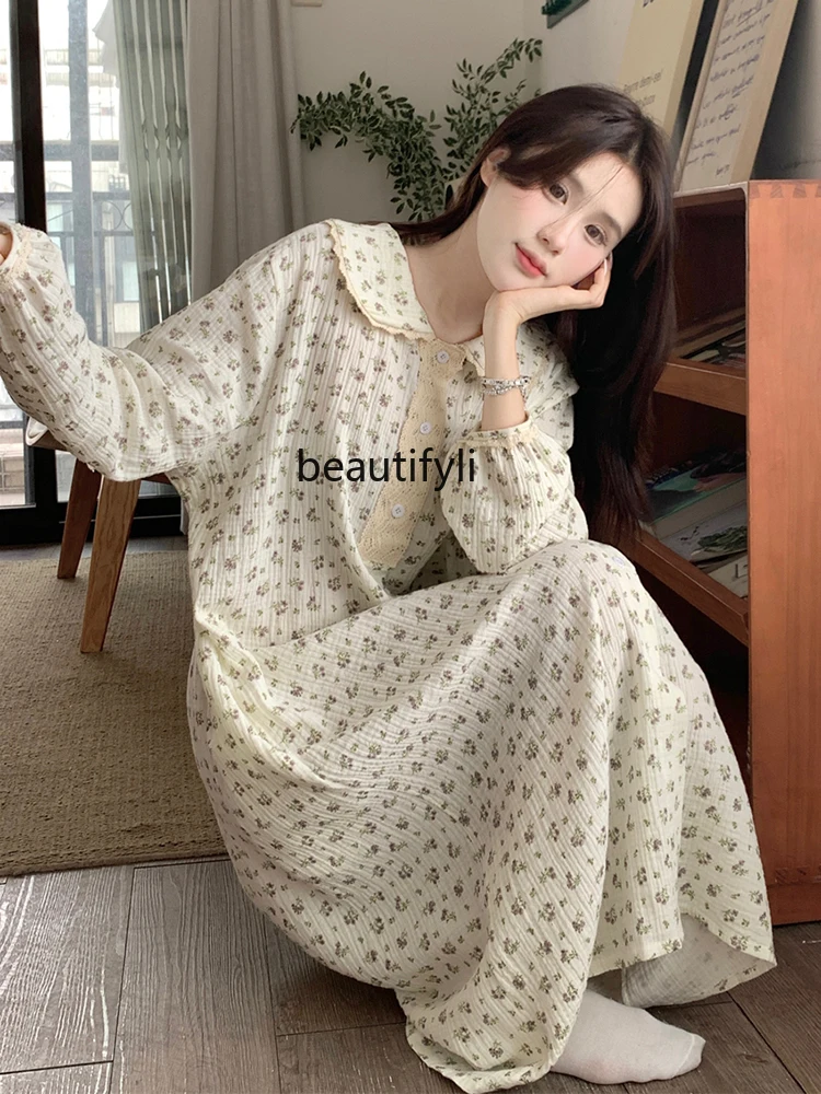 

Sweet Lace Nightdress Spring and Autumn Long Sleeve Gentle Small Floral Pure Cotton Linen Gauze Loose