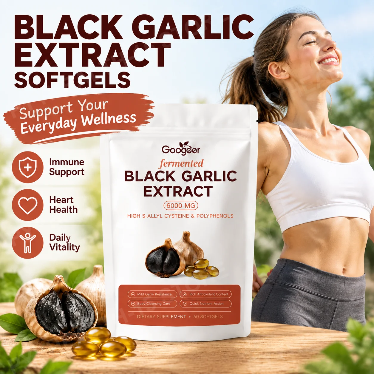 Fermented Black Garlic Extract Softgels 6000mg Raw Equivalent with S-Allyl Cysteine for Heart and Immune Support, 60 Softgels