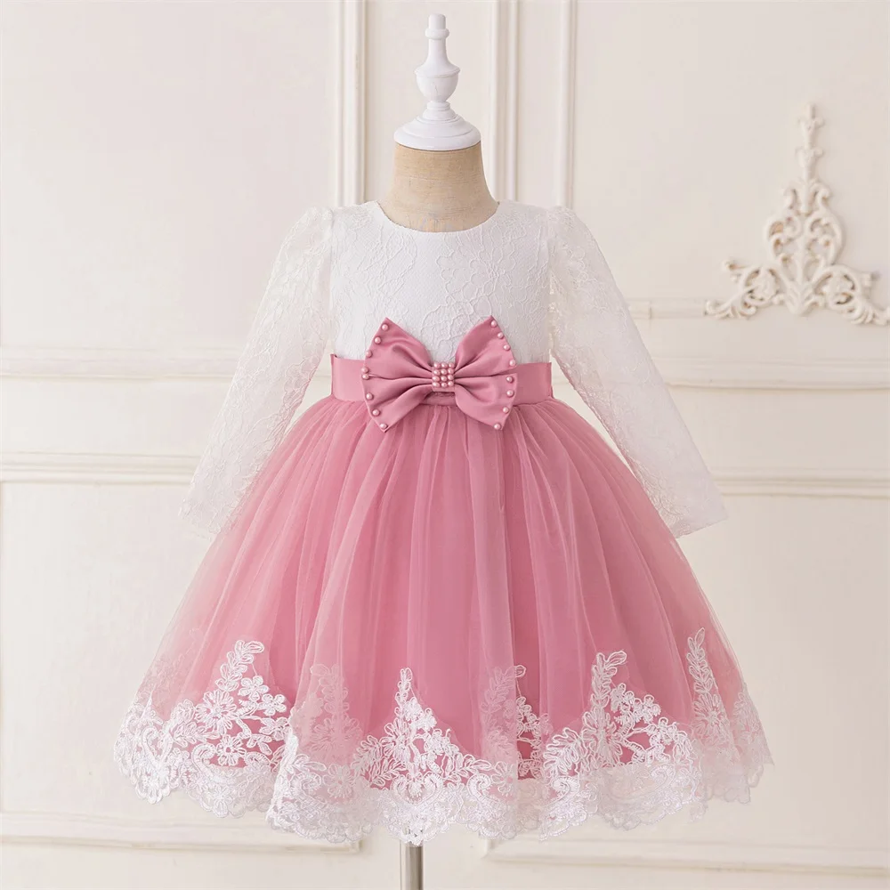 

Girl Lace Bow Beading Mesh Ball Gown Elegant Princess Wedding Childrens Birthday Fashion Party Piano Performance Costume