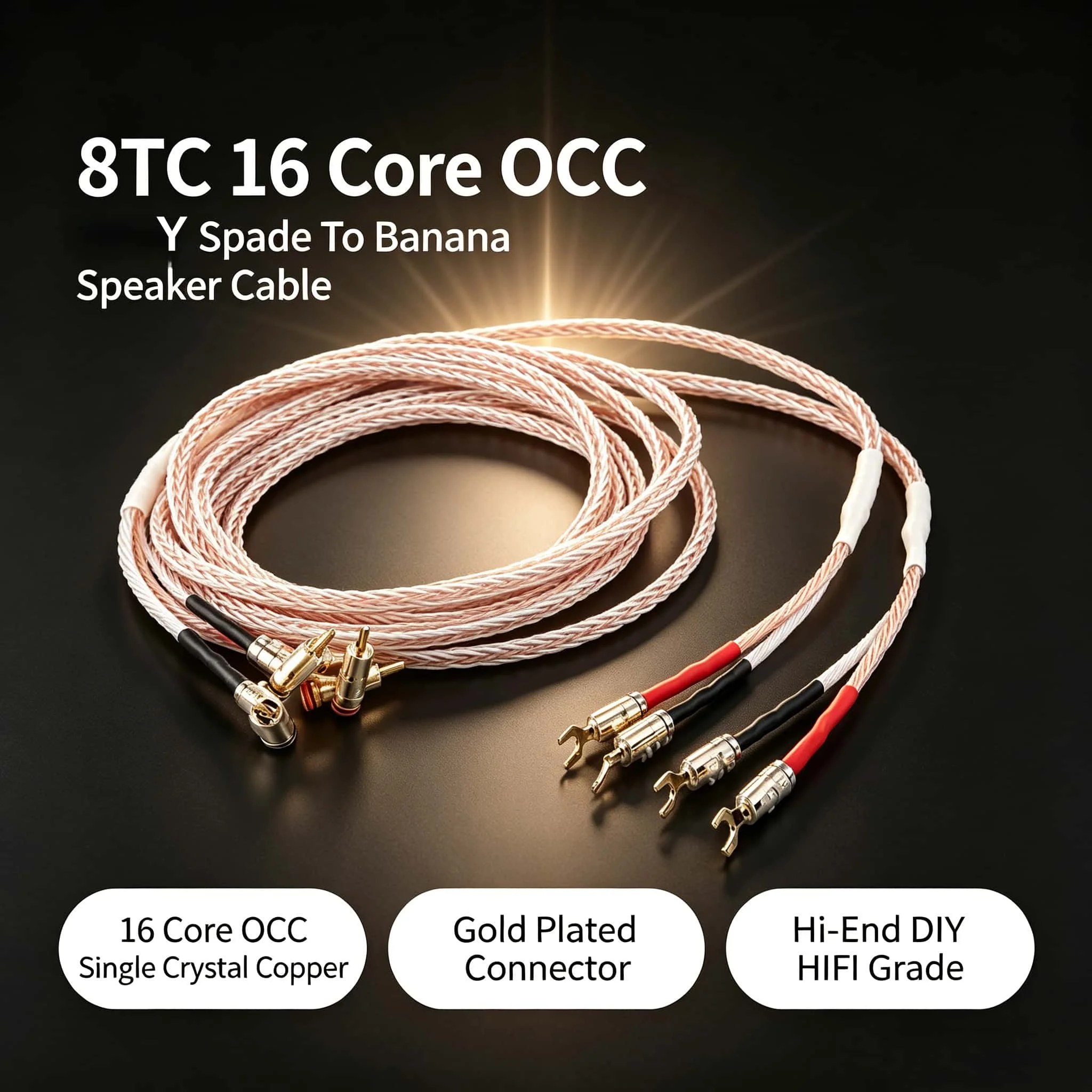 

Pair HIFI 8TC 16 core OCC Audio Cable Gold Plated Y shape spade to banana plug Speaker cable Cord Wire Amplifier Player