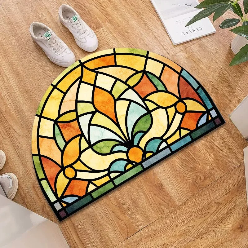 VIKAMA Stained Glass Lotus Mat – Semi-Circle Tiffany Style Design, Non-Slip Bathroom Rug