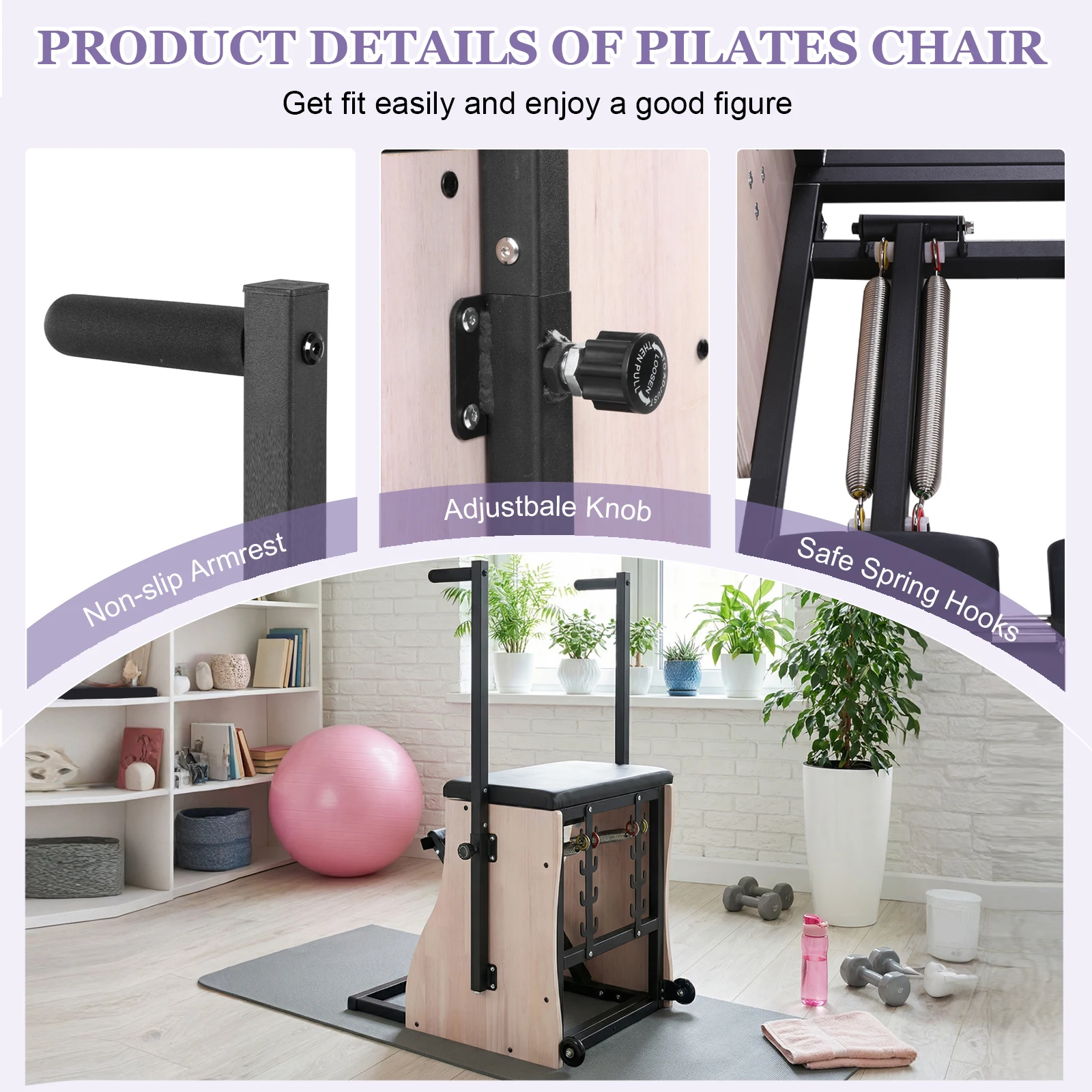 Oak Wood Pilates Chair Reformer Machine with Adjustable Resistance with Springs Split Pedal Handles for Home Use and Studio view 4