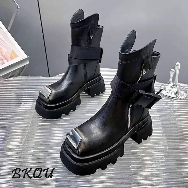 BKQU Europe 2024 Autumn and Winter New Square Head Thick Heel Senior Sense All Matching Women's Footwear Retro Ankle Boots