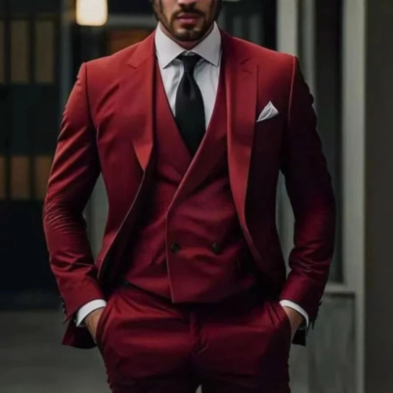 

Fashion 3PCS High Quality Men Suits Red Navy Slim Fit Formal Business Outfit For Wedding Party Tuxedo Groom Groomsmen Prom Wear