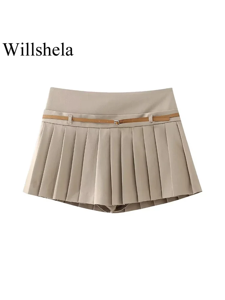 Willshela Women Fashion With Belt Solid Pleated Side Zipper Mini Skirts Shorts Vintage High Waist Female Chic Lady Shorts