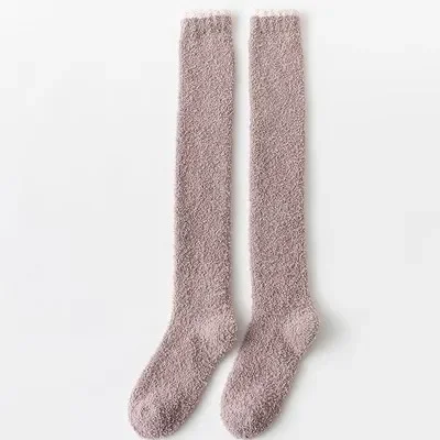 Overknee-Hohe Socken, Winter, warm, Korallen-Fleece, für Damen, Plüsch, Zuhause, Schlaf, Boden, lange Socken, JK, solide, weiche, oberschenkelhohe, lustige Socken – Detail 8