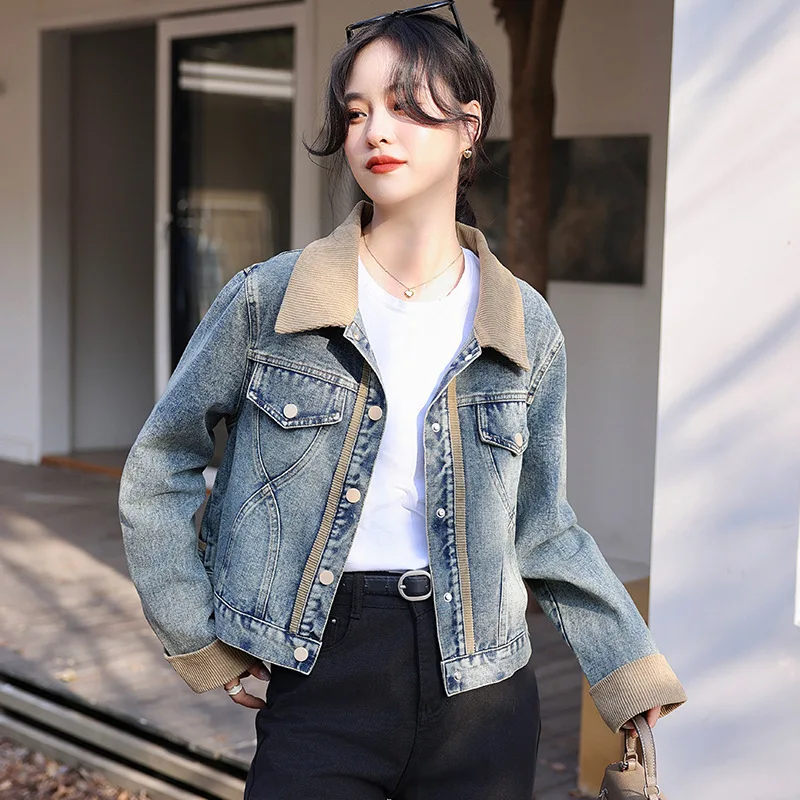 

2024 Men's Retro Color Matching Stitching Denim Jacket Autumn Loose Fashion Design Short Jacket
