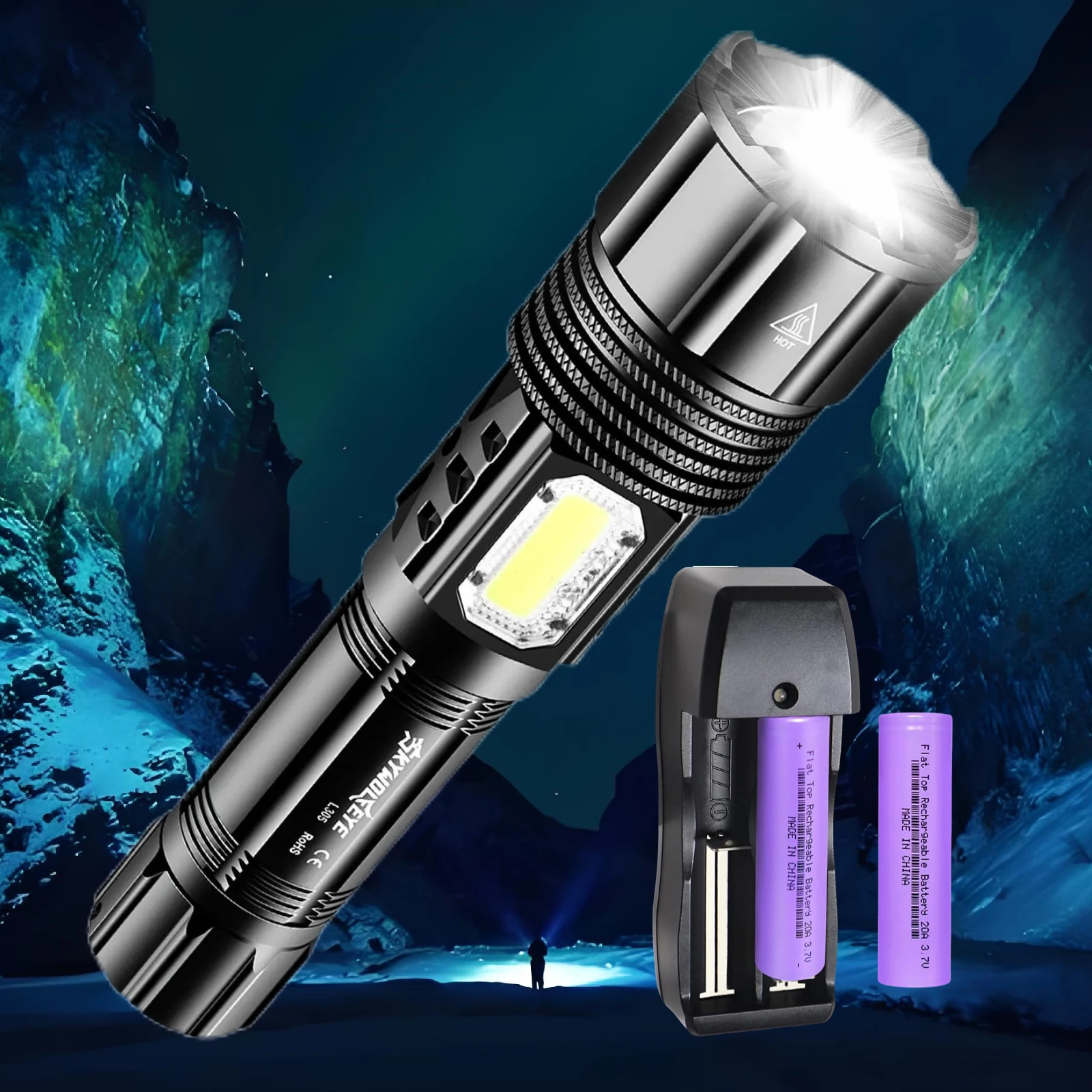 Skywolfeye High Lumens Rechargeable LED Super Bright Flashlight Set with Battery Charger