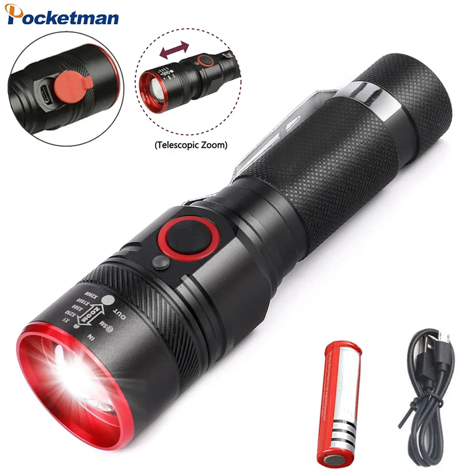  High Lumen LED Flashlight 18650 Rechargeable Flashlights Waterproof Zoom Torch for Camping Hiking Fishing Hunting 