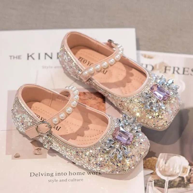 Girls Shoes Rhinestone Princess Shoe Pearls Mary Janes Wedding Shoe Dance Show Party Children Leather Shoes Autumn