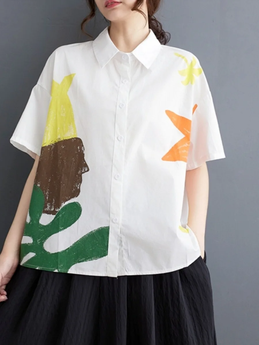 Loose ort Sve Women's Casual irt Summer Commute Sweet Sle Korean Version plus Size Patchwork Print  Collar