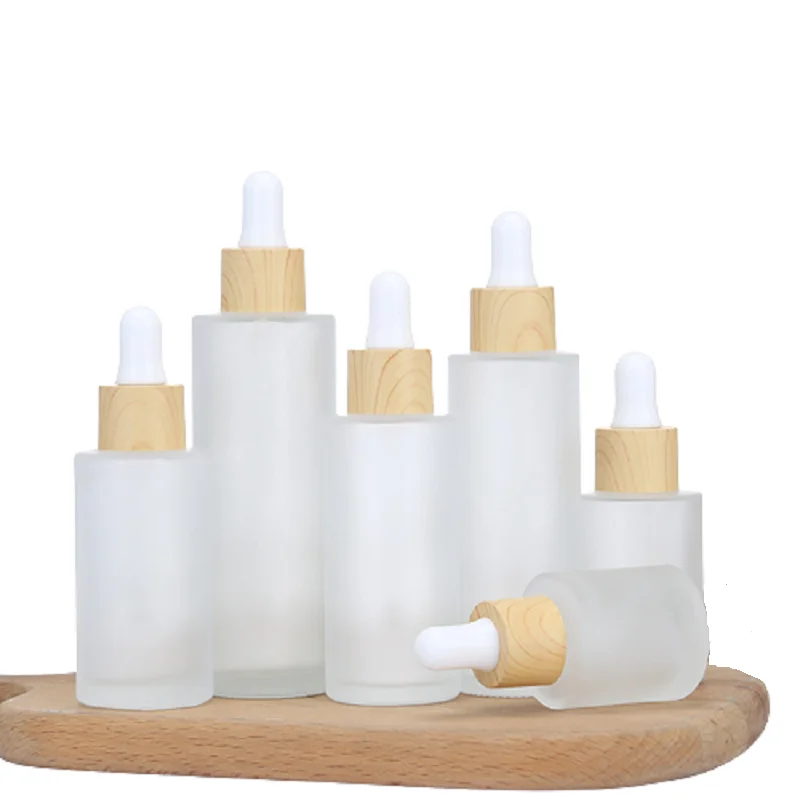 10Pcs Cosmetic Essential Oil Bottles with Dropper Pipette 20ml~100ml Perfume Serum Frosted Glass Dropper Bottle False Wooden Lid