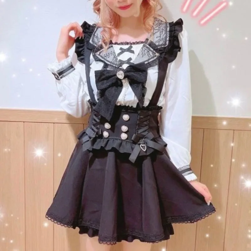 Japanese Gothic Lolita Ribbon Bow Diamond Pearl Buckle Removable Short Suspender Skirt Girls Sweet Cute Lace A-Line Mini Skirts