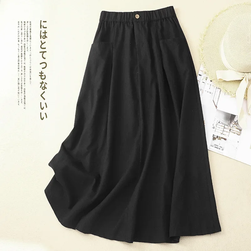 2024 New Arrival High Waist Cotton Linen Vintage Summer Skirts Pockets Office Lady Work Skirts Loose Women Casual Midi Skirts