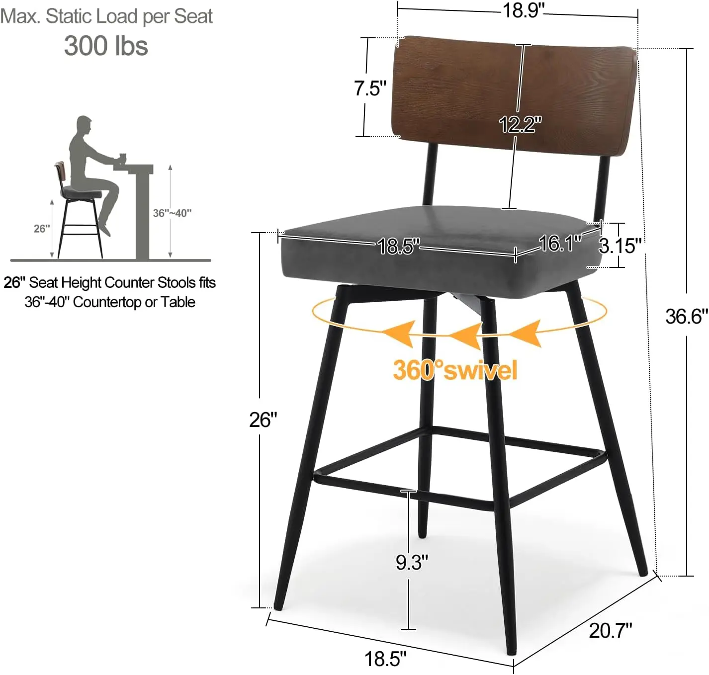 Contra Altura giratória Bar Stools Set, estofados do falso couro Barstools, Costas de madeira e pernas metálicas, 26 na altura do assento